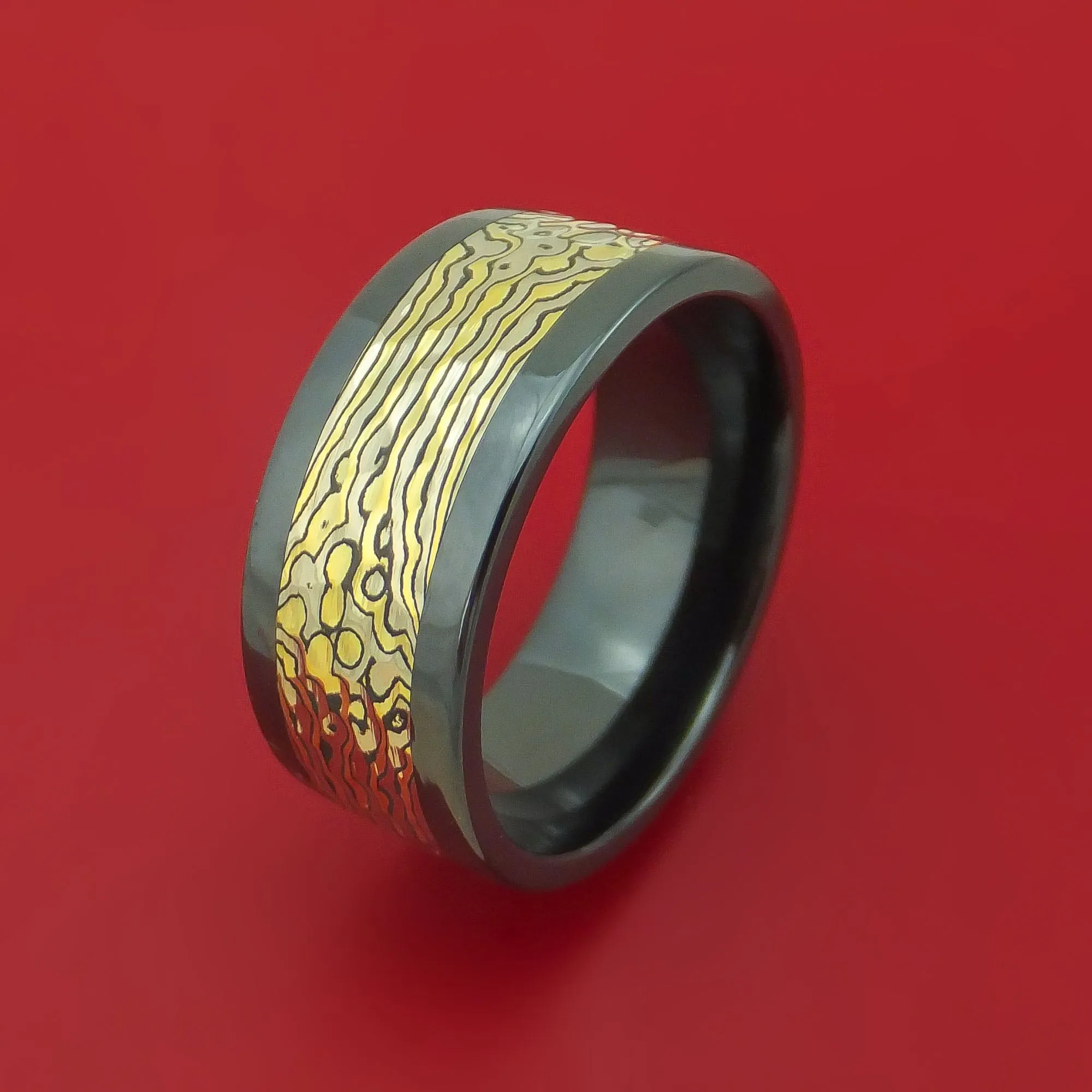Black Zirconium and Yellow Gold Mokume Shakudo Hammered Ring Custom Made Band