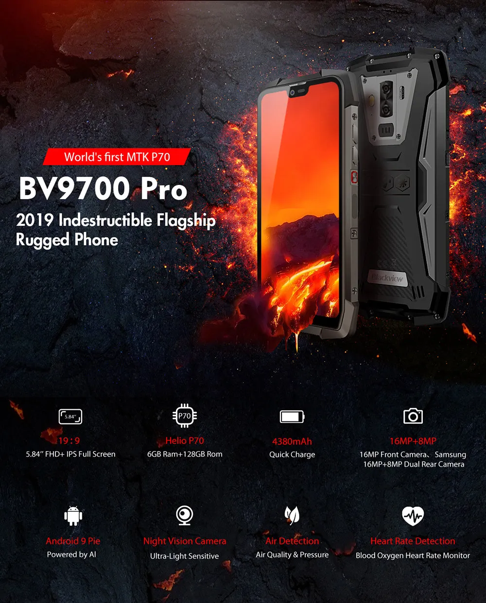 Blackview BV9700 Pro Waterproof IP68 Outdoor Smartphone Helio P70 6GB 128GB Android 9.0 Without Night Vision Camera