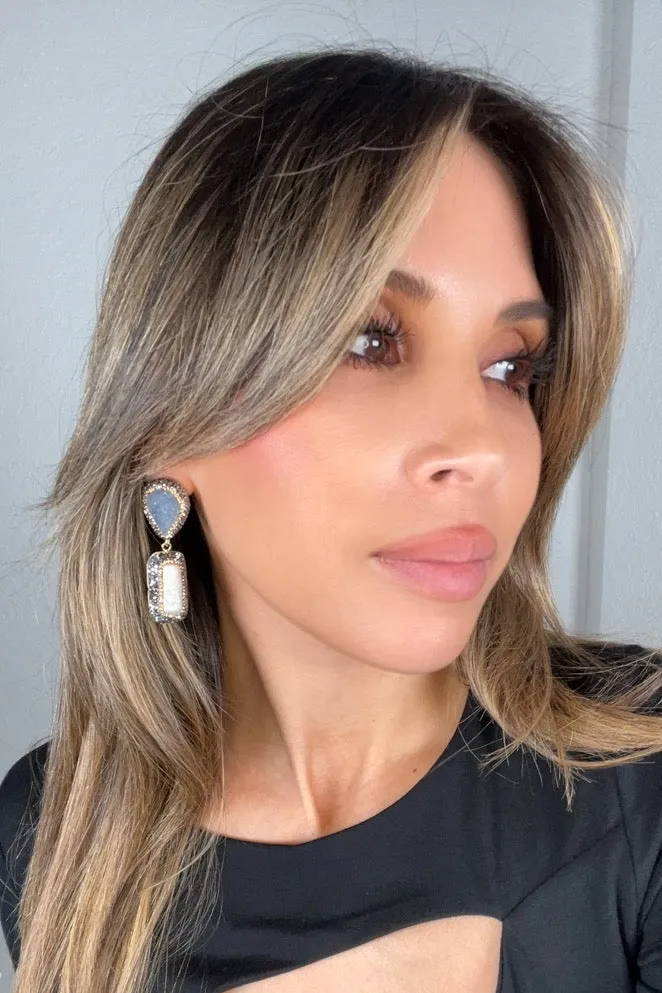 Blue Druzy Pearl Rectangle Gemstone Crystal Drop Earrings