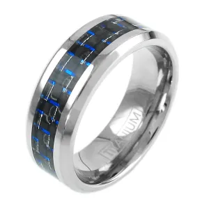 Brilliant Mirror Polished Titanium Ring with Black and Electric Blue Carbon Fiber Inlay.