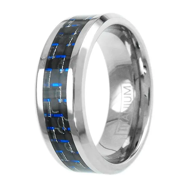 Brilliant Mirror Polished Titanium Ring with Black and Electric Blue Carbon Fiber Inlay.