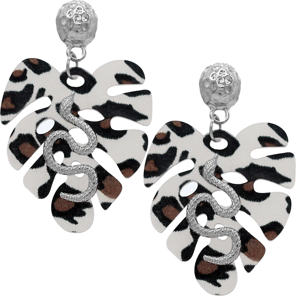 Brown White Leaf Shaped Snake Earrings