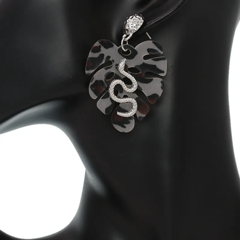 Brown White Leaf Shaped Snake Earrings