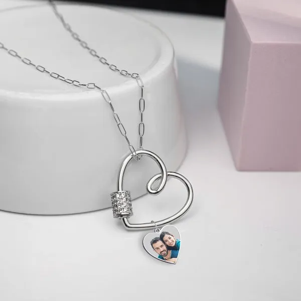 Carabiner Heart Pendant Necklace with CZ Barrel and Dangle Photo Charm Jewelry