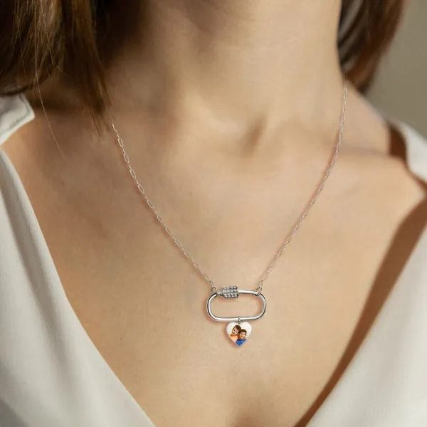 Carabiner Rectangle Pendant Necklace with CZ Barrel and Dangle Photo Jewelry