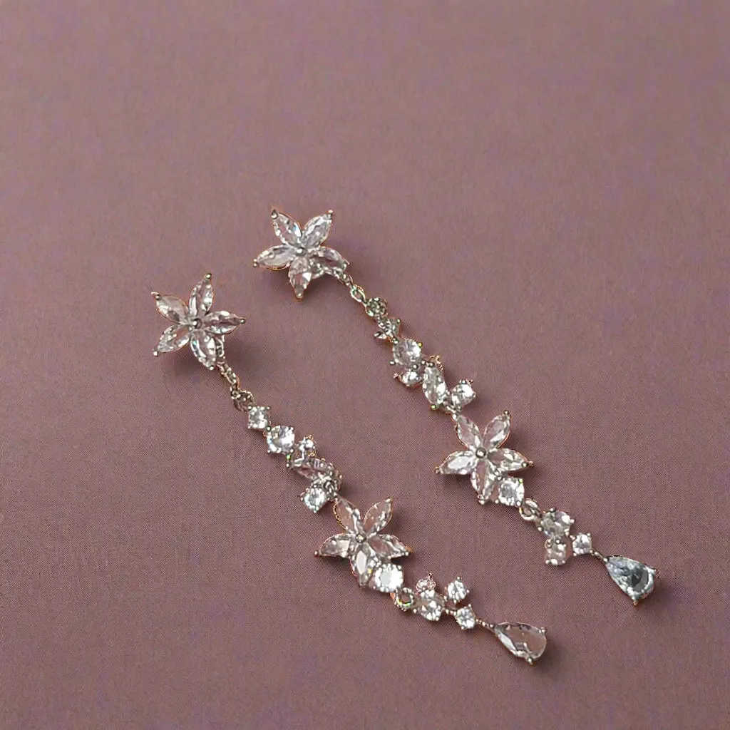 Cascading Crystal Flower Earrings – Elegant Sparkle with Every Step