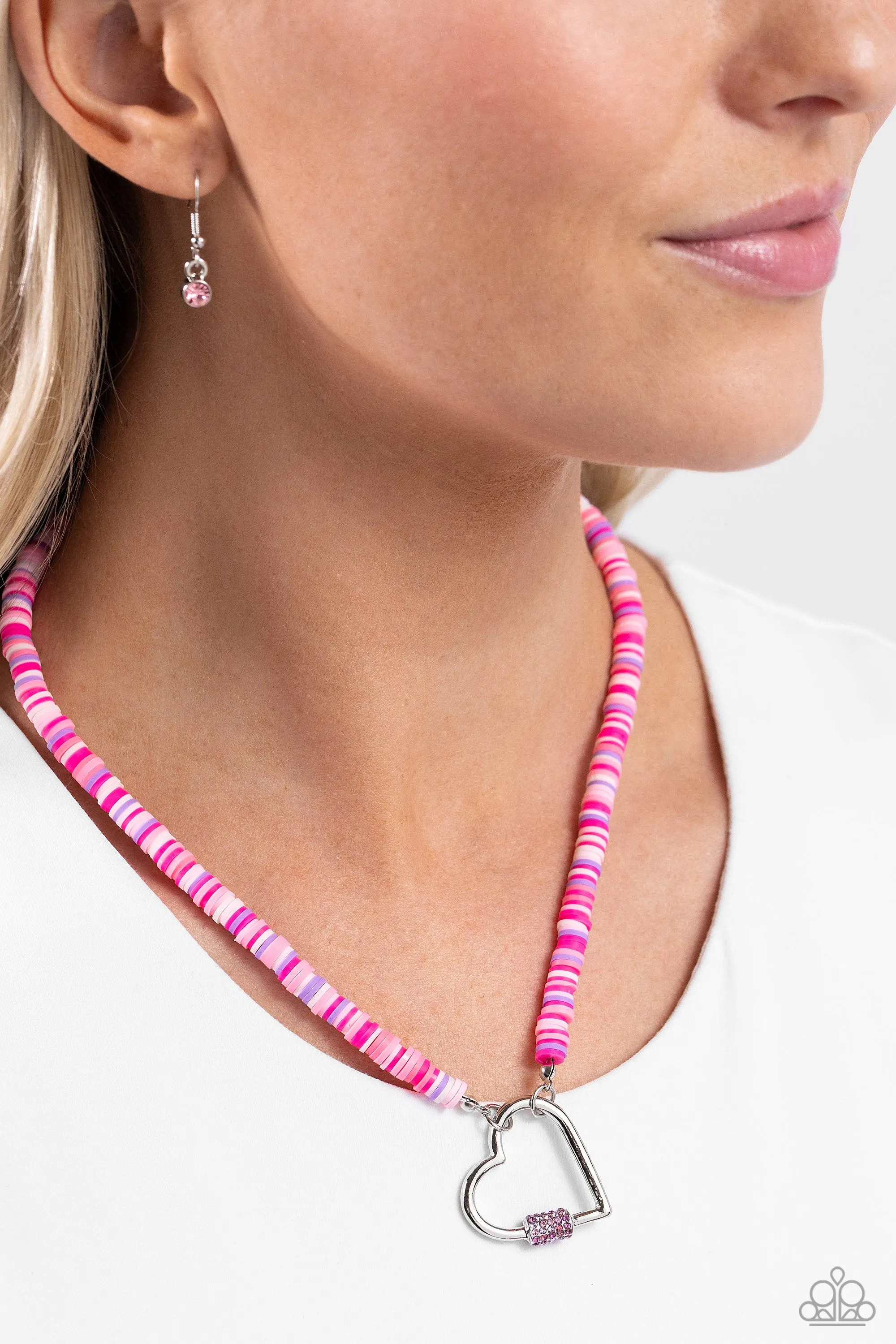 Clearly Carabiner - Pink - Purple, and White Clay Disc Silver Heart Paparazzi Short Necklace
