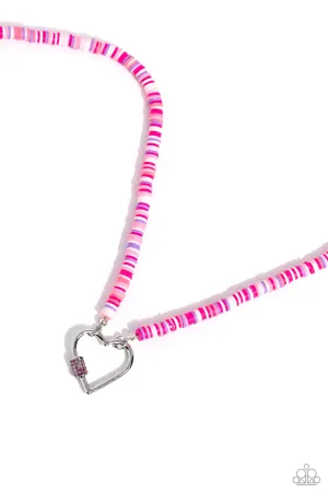 Clearly Carabiner - Pink - Purple, and White Clay Disc Silver Heart Paparazzi Short Necklace