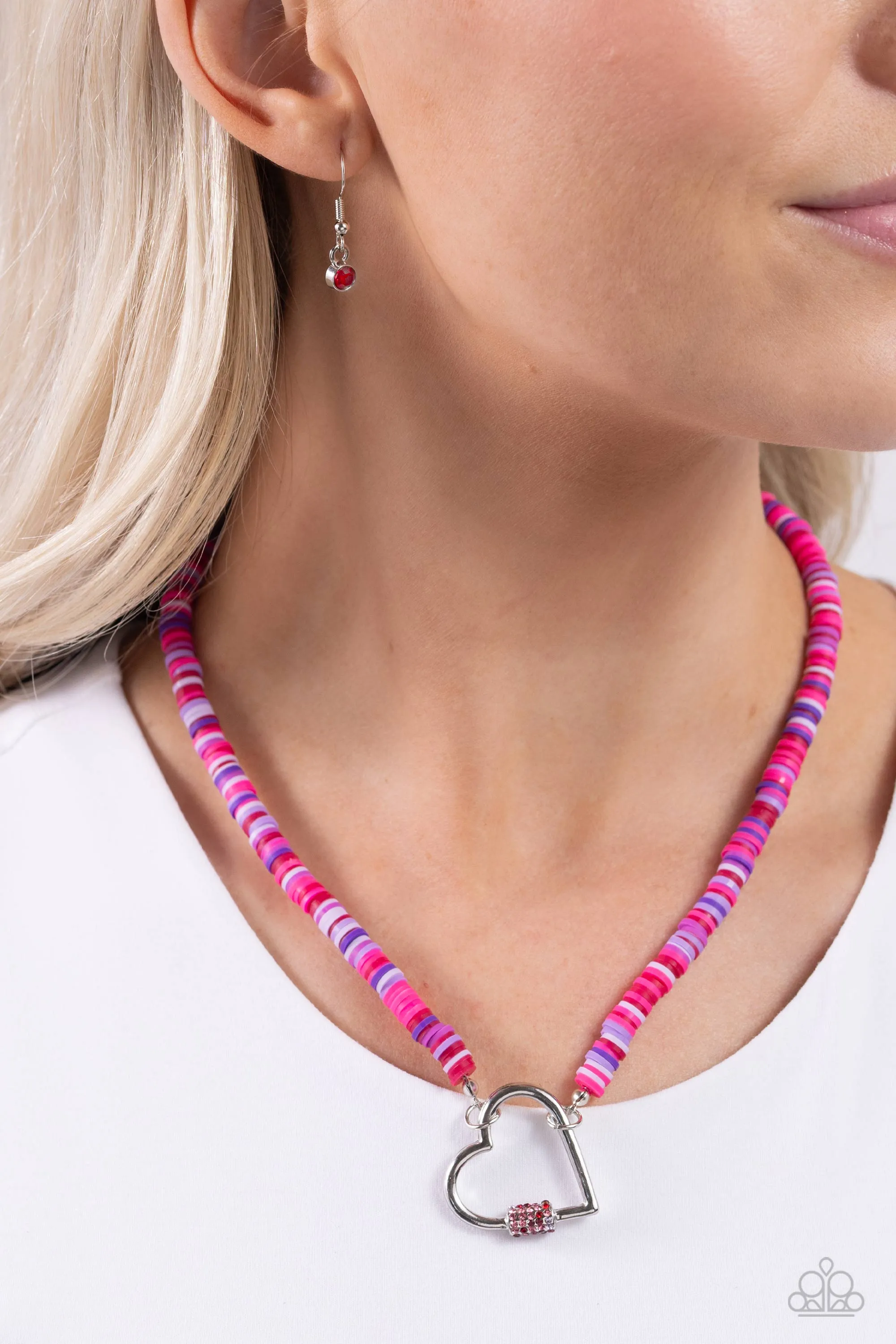 Clearly Carabiner - Red - Pink, and Purple Clay Disc Rhinestone Encrusted Heart Paparazzi Short Necklace