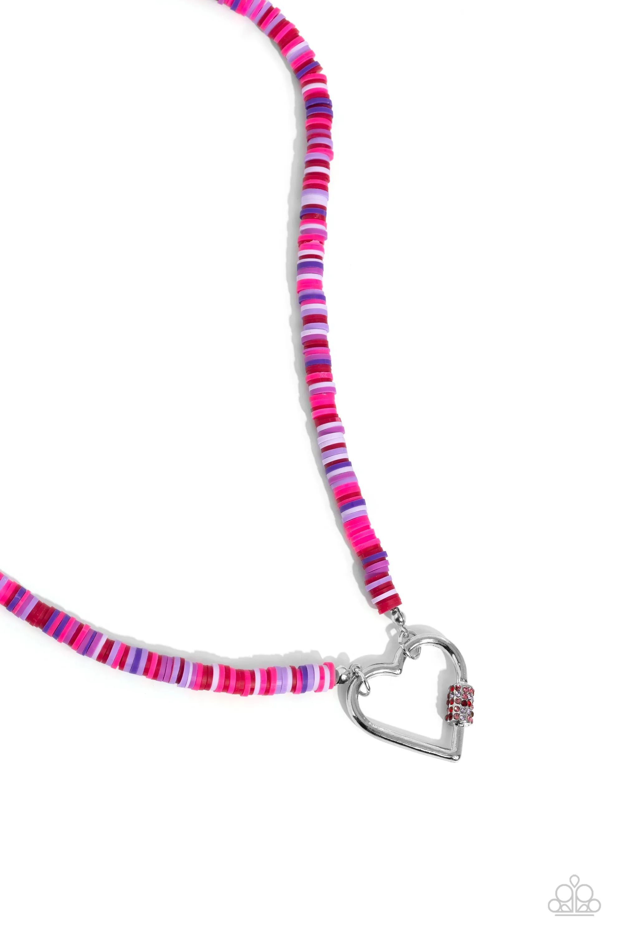 Clearly Carabiner - Red - Pink, and Purple Clay Disc Rhinestone Encrusted Heart Paparazzi Short Necklace