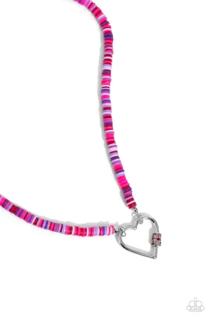 Clearly Carabiner - Red - Pink, and Purple Clay Disc Rhinestone Encrusted Heart Paparazzi Short Necklace