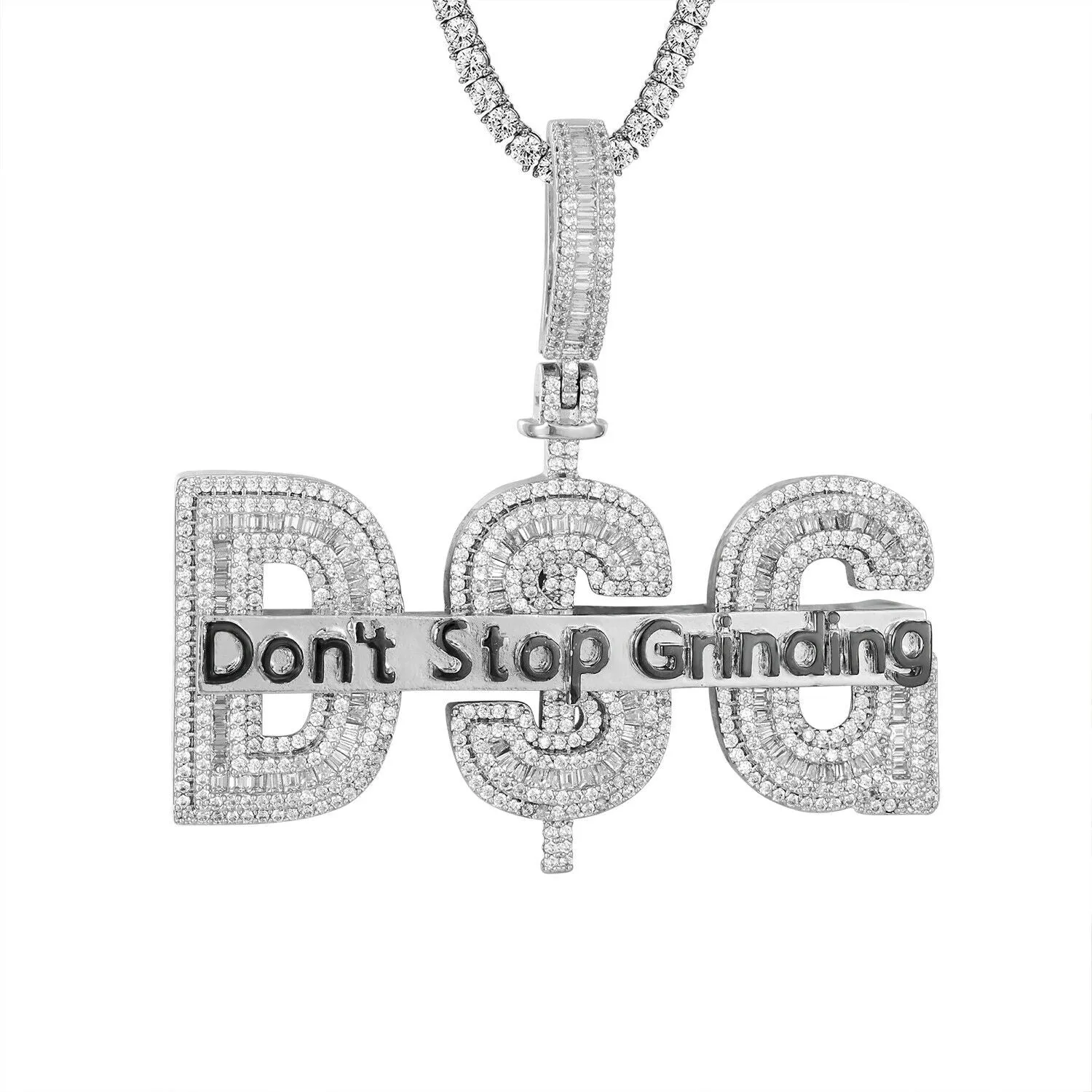 Custom Dont Stop Grinding Baguette  Simulated Diamond  Pendant With Chain