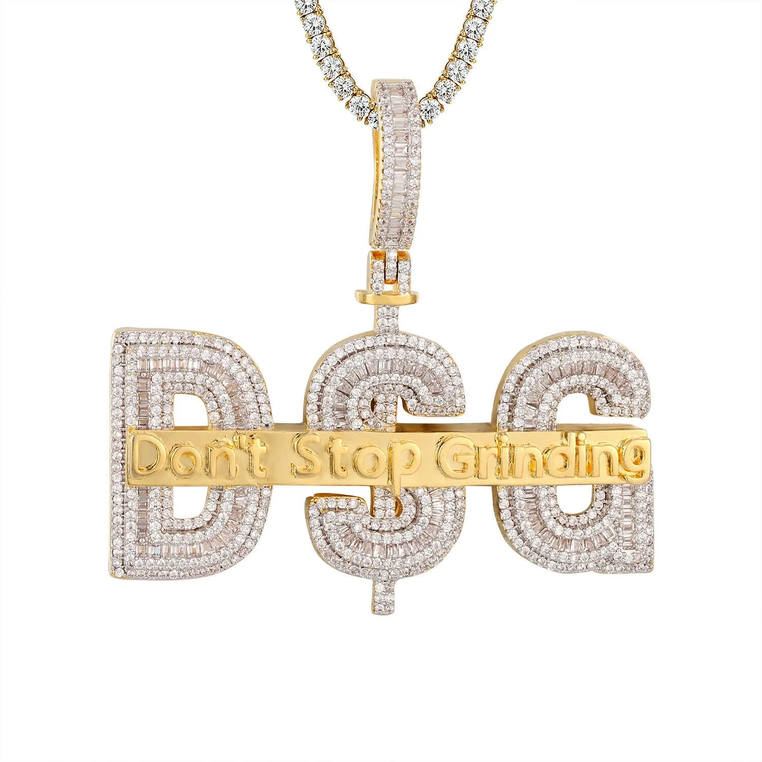 Custom Dont Stop Grinding Baguette  Simulated Diamond  Pendant With Chain