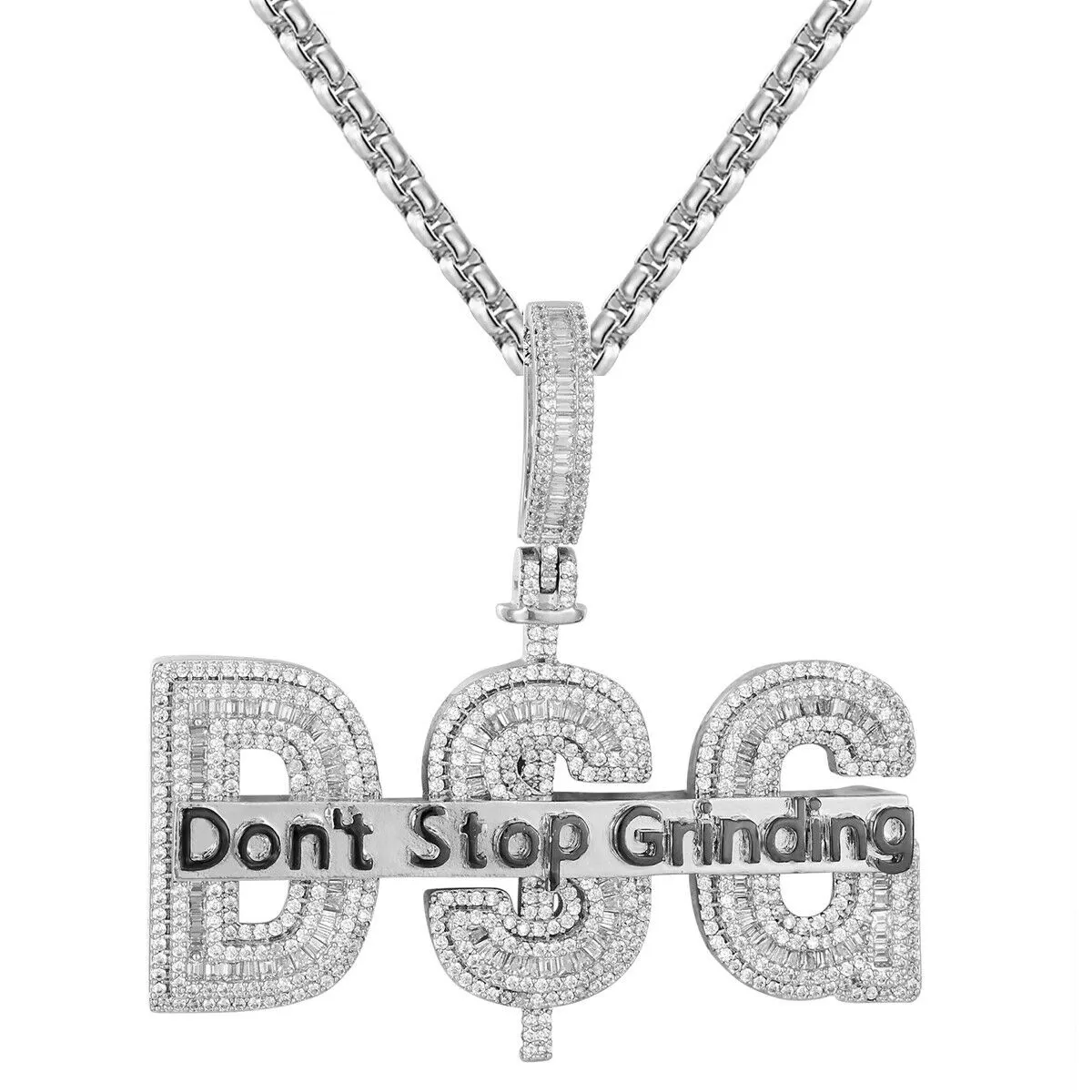 Custom Dont Stop Grinding Baguette  Simulated Diamond  Pendant With Chain