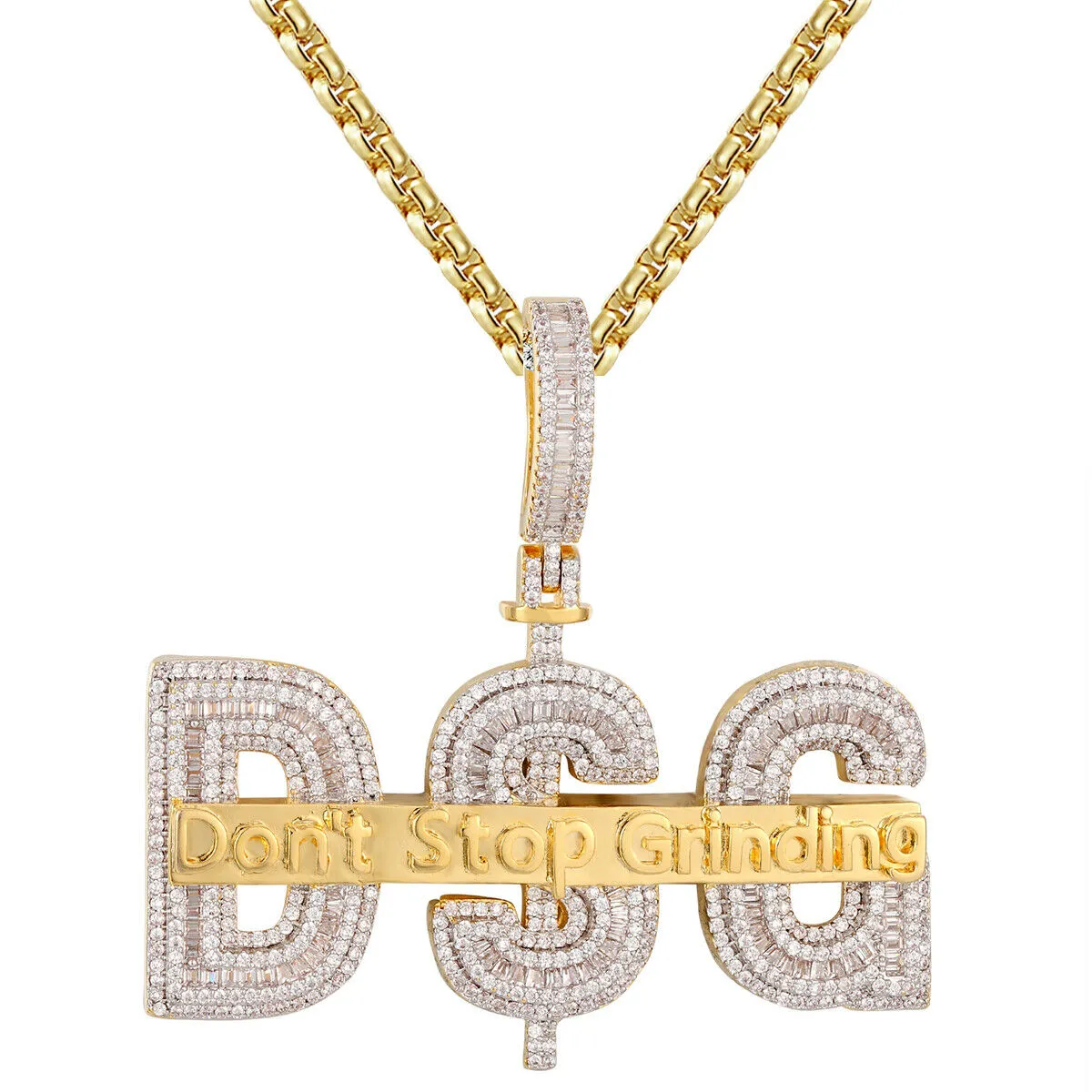 Custom Dont Stop Grinding Baguette  Simulated Diamond  Pendant With Chain