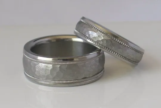 Custom Made Tungsten and Titanium Wedding Band Set Hammered Milgrain Design Available in mens and womens sizes 4-18