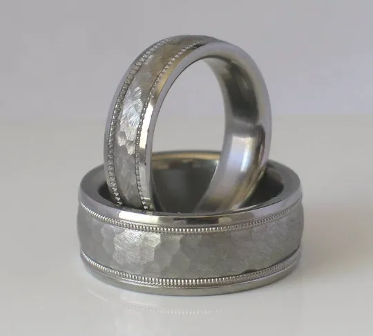Custom Made Tungsten and Titanium Wedding Band Set Hammered Milgrain Design Available in mens and womens sizes 4-18