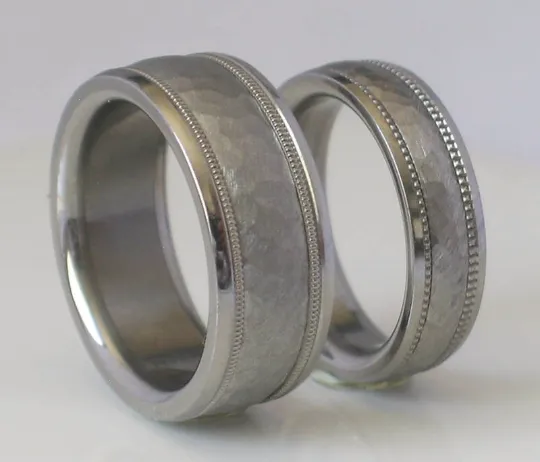 Custom Made Tungsten and Titanium Wedding Band Set Hammered Milgrain Design Available in mens and womens sizes 4-18