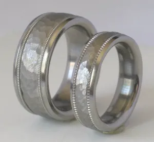 Custom Made Tungsten and Titanium Wedding Band Set Hammered Milgrain Design Available in mens and womens sizes 4-18