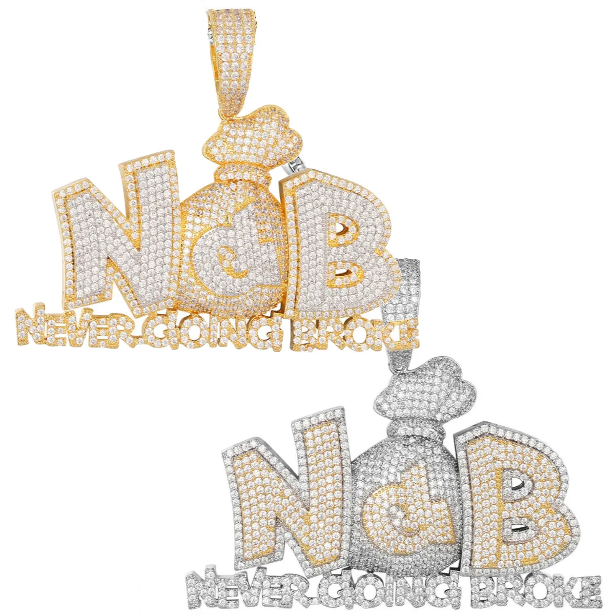 Custom Never Going Broke Money Bag Simulated Diamond  Pendant With Chain