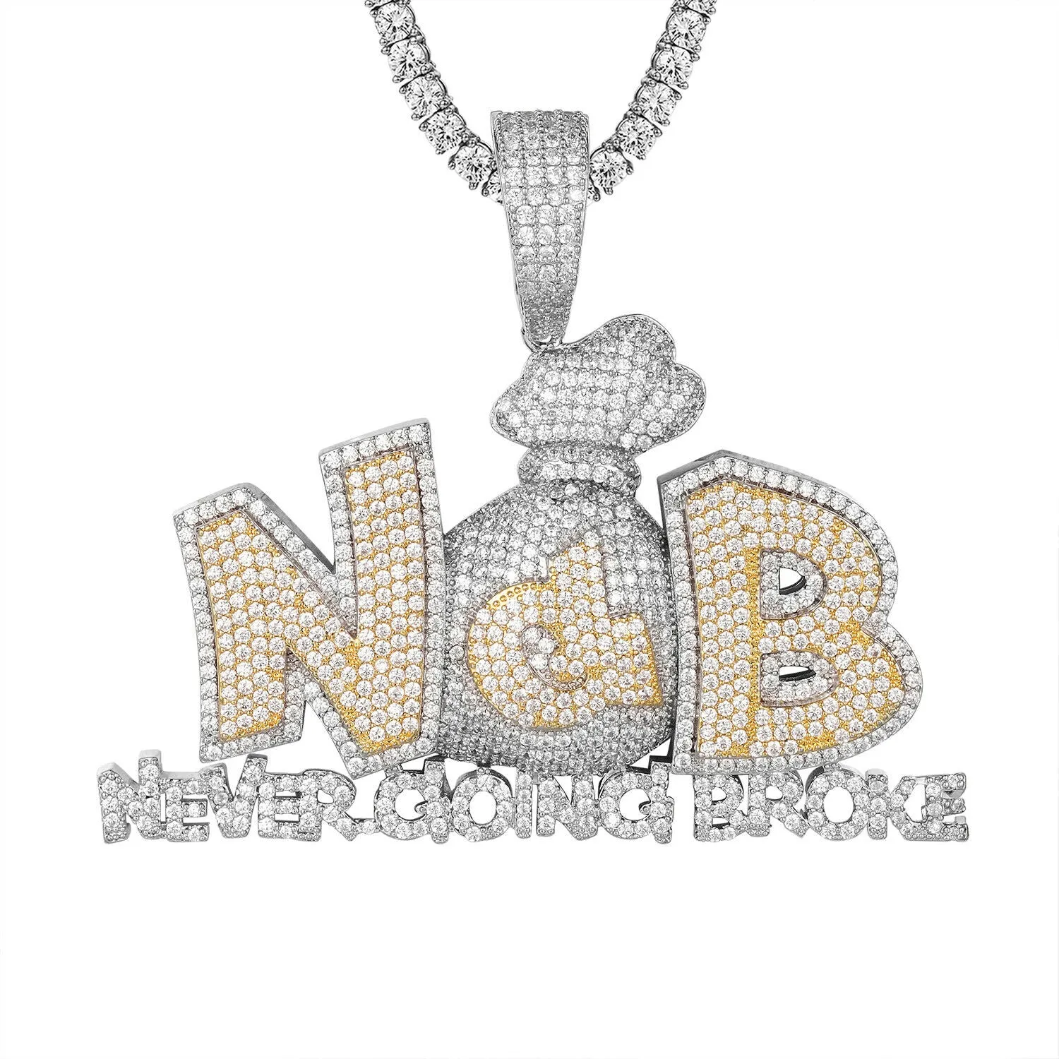 Custom Never Going Broke Money Bag Simulated Diamond  Pendant With Chain