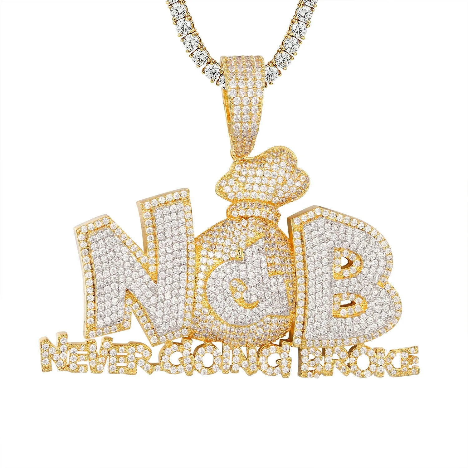 Custom Never Going Broke Money Bag Simulated Diamond  Pendant With Chain