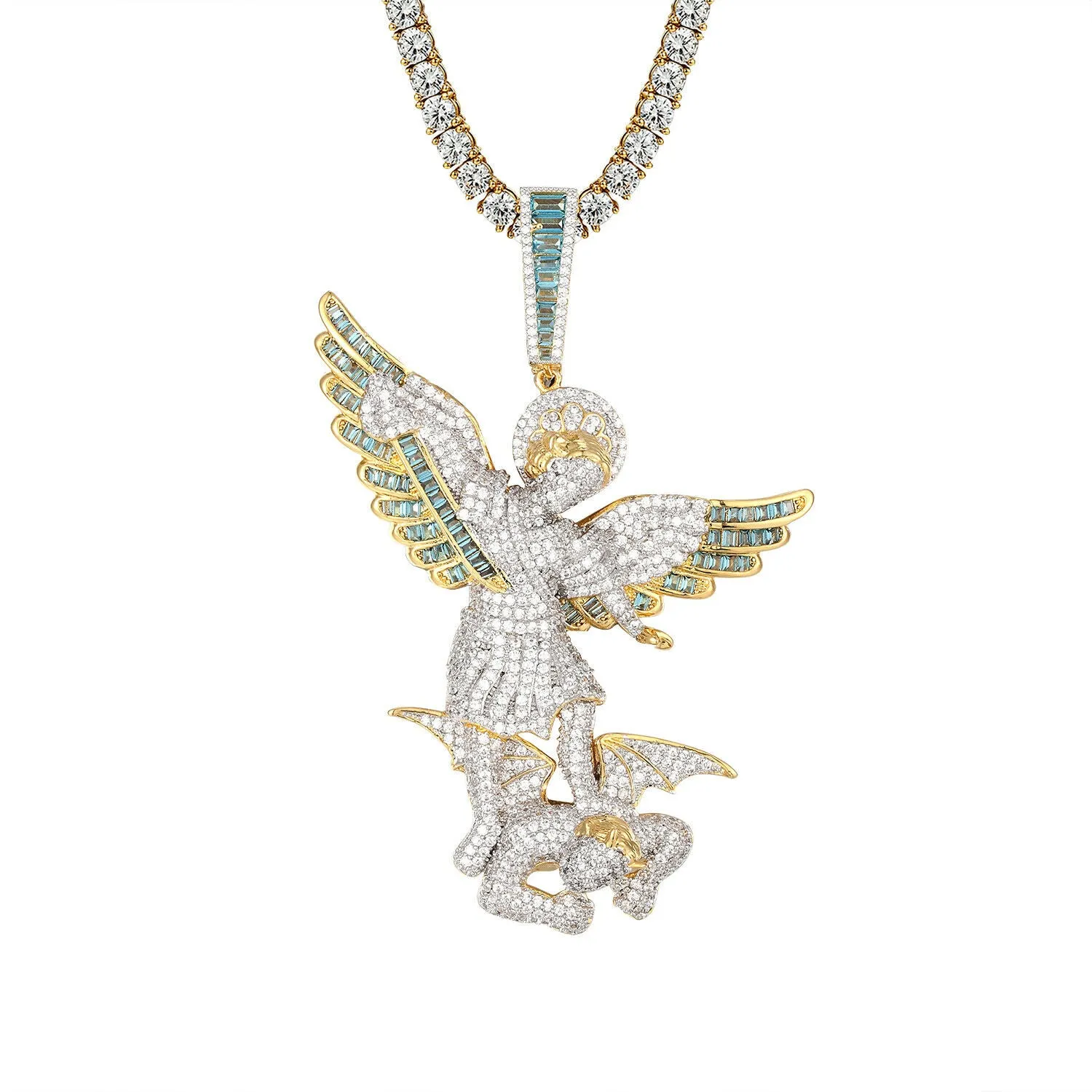 Custom Saint Michael Archangel Simulated Diamond  Pendant With Chain