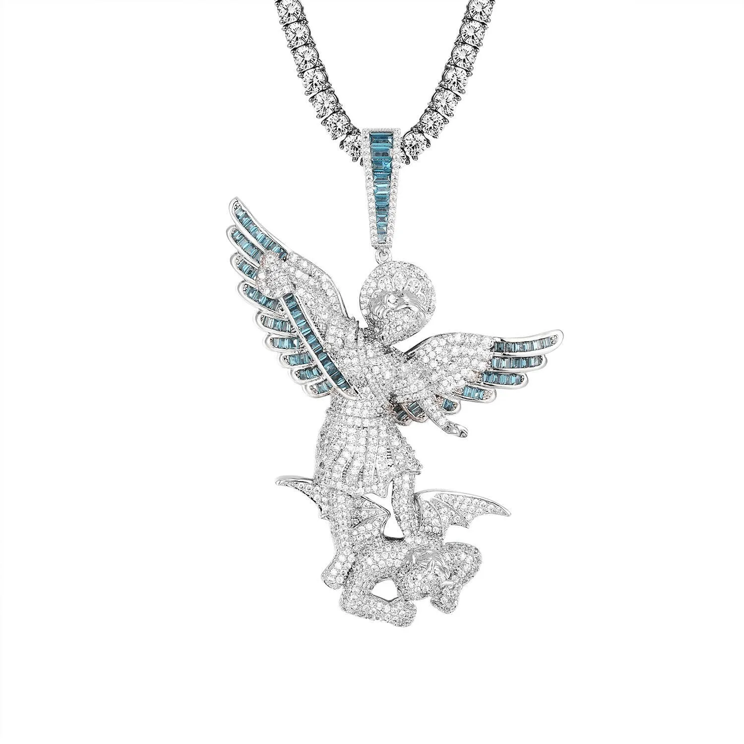 Custom Saint Michael Archangel Simulated Diamond  Pendant With Chain