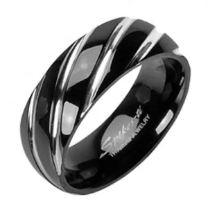 Dazzling Two-Tone Black Titanium Ring with a Silver Twisted Swirly Grooves. Couple Ring