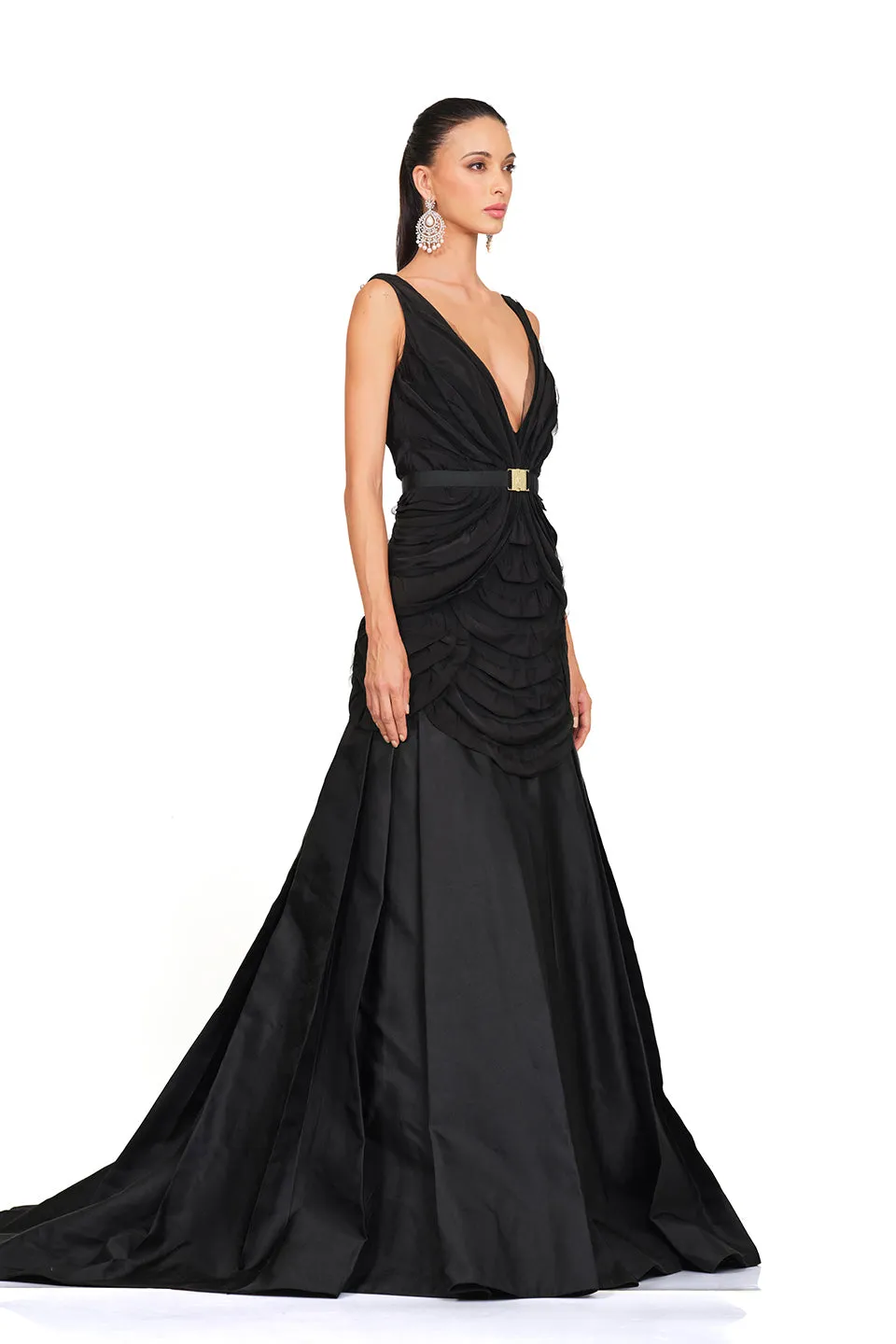 Deep v neckline flared gown