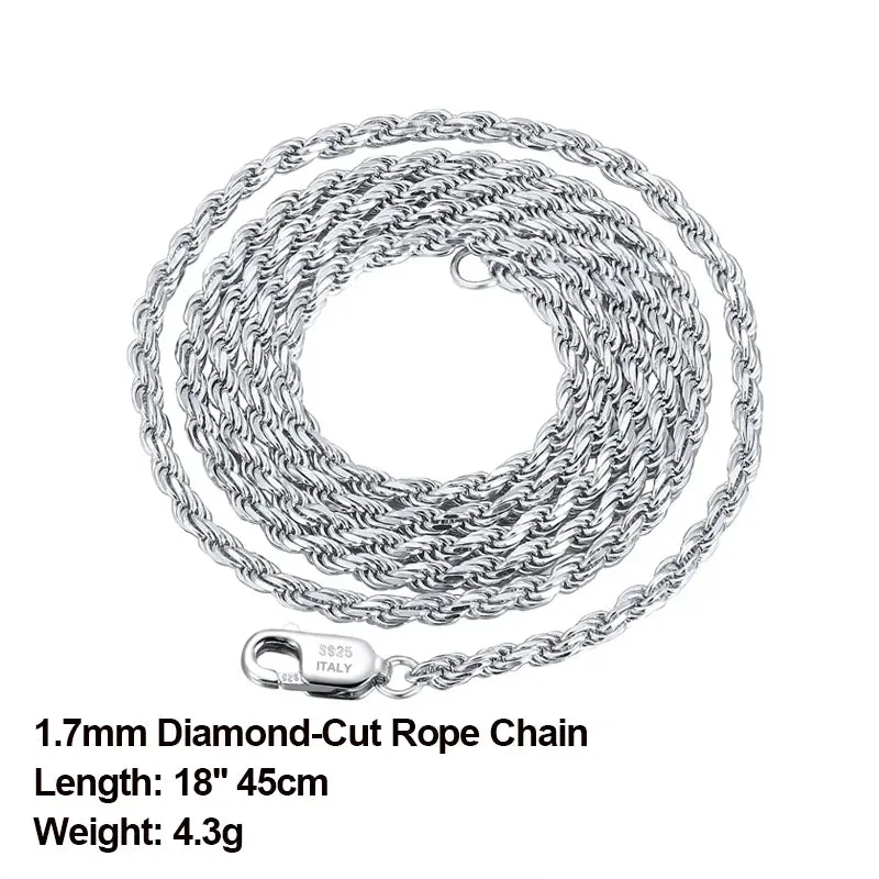 Diamond-Cut Rope Chain Necklaces Real 925 Silver 1.2mm 1.5mm 1.7mm Neck Chain for Women