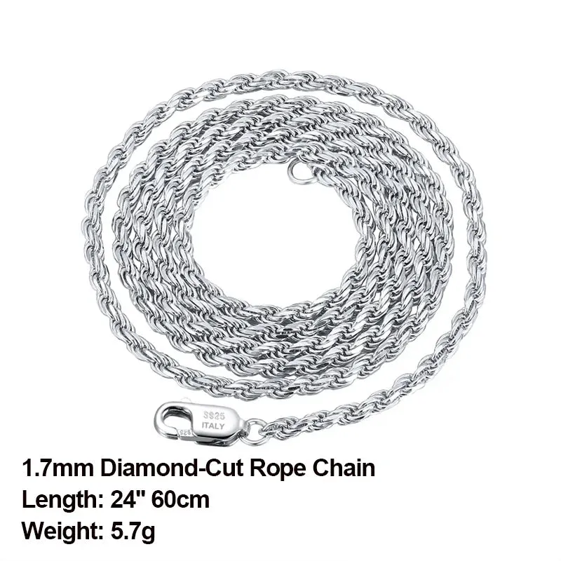 Diamond-Cut Rope Chain Necklaces Real 925 Silver 1.2mm 1.5mm 1.7mm Neck Chain for Women