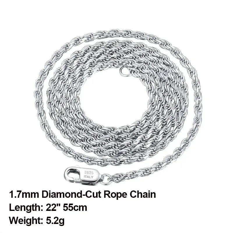 Diamond-Cut Rope Chain Necklaces Real 925 Silver 1.2mm 1.5mm 1.7mm Neck Chain for Women