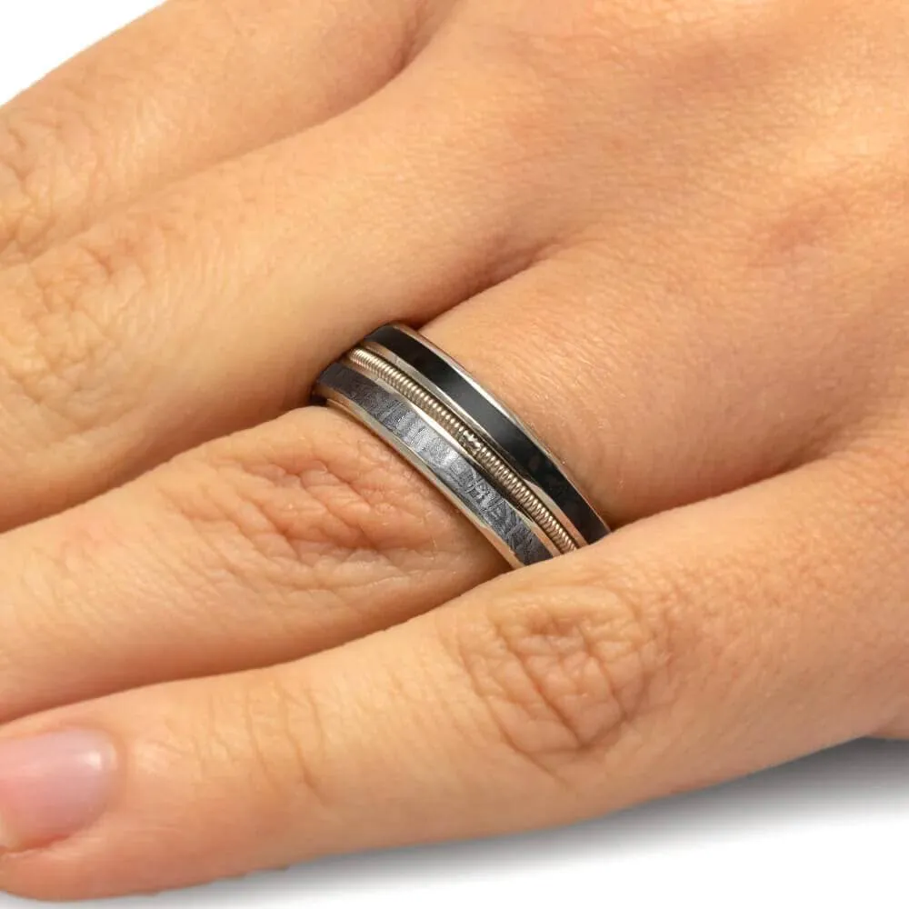 Dinosaur Bone and Meteorite Ring with Guitar String