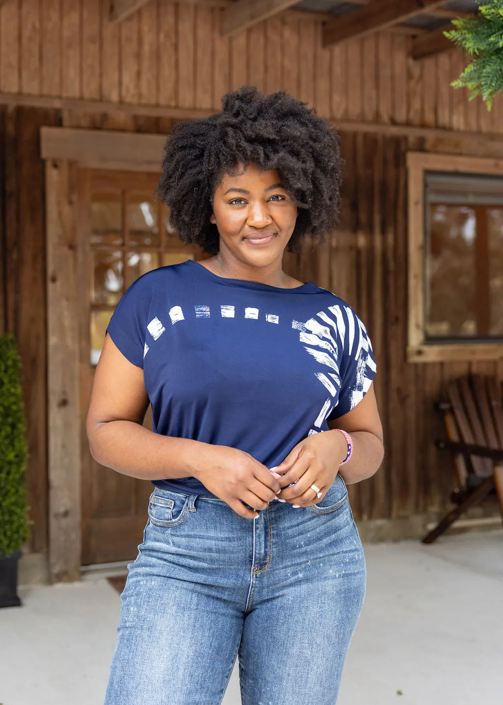 Dolman Navy Track Short Sleeve Wrinkle Free Top