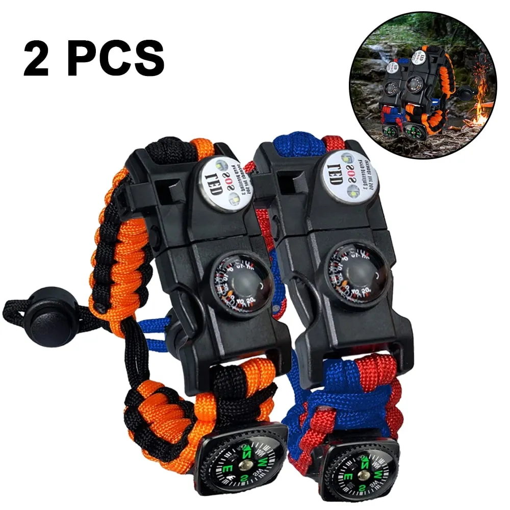 Emergency Paracord Bracelets | Set of 2| The Tactical Survival Gear| Flint Fire Starter, Whistle, Compass | Wilderness Survival-Kit for Camping/Fishing & More