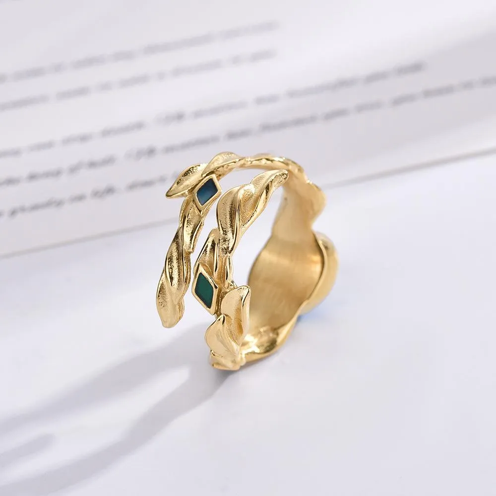 Europe And The United States Christmas Holiday Winding Interwoven Leaves Ring Creative Personality Flower Rattan Double-sided Wear Open Titanium Steel Ring