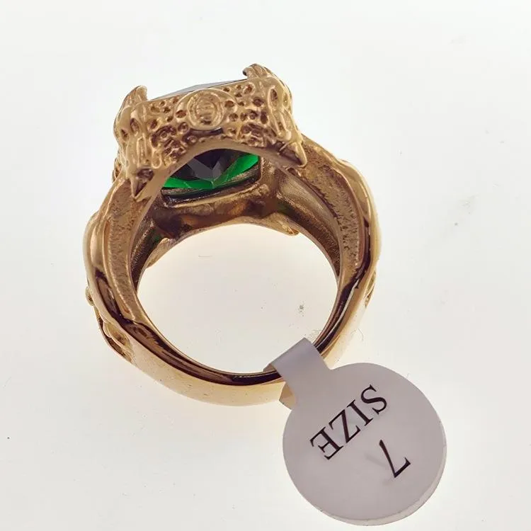 European And American Exaggerated Ins Fashion Punk Exquisite Carved Green Big Gems Men's And Women's Ring Titanium Steel 18K Gold Ring