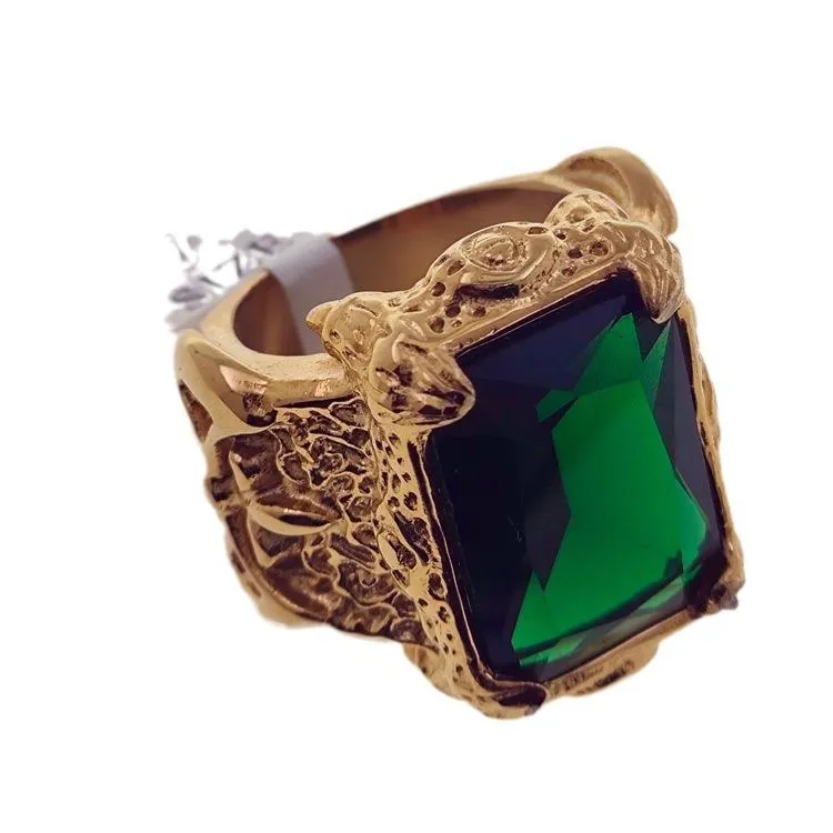 European And American Exaggerated Ins Fashion Punk Exquisite Carved Green Big Gems Men's And Women's Ring Titanium Steel 18K Gold Ring