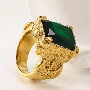 European And American Exaggerated Ins Fashion Punk Exquisite Carved Green Big Gems Men's And Women's Ring Titanium Steel 18K Gold Ring
