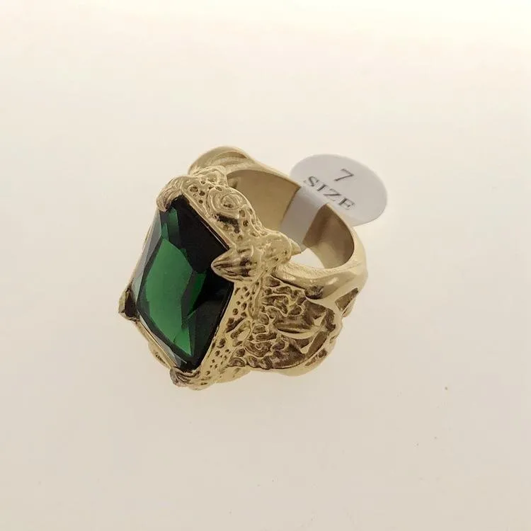 European And American Exaggerated Ins Fashion Punk Exquisite Carved Green Big Gems Men's And Women's Ring Titanium Steel 18K Gold Ring
