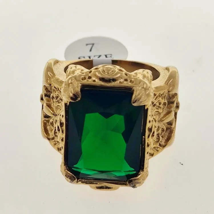 European And American Exaggerated Ins Fashion Punk Exquisite Carved Green Big Gems Men's And Women's Ring Titanium Steel 18K Gold Ring