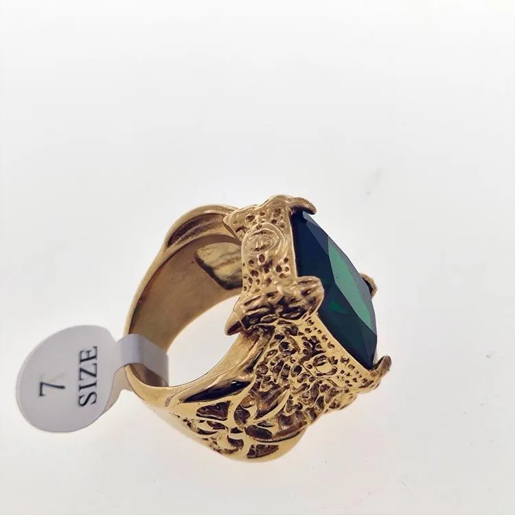 European And American Exaggerated Ins Fashion Punk Exquisite Carved Green Big Gems Men's And Women's Ring Titanium Steel 18K Gold Ring