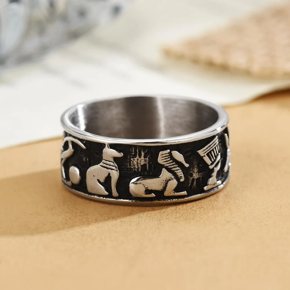 European And American Personality Retro Eye Of Horus Anubis Cross Titanium Steel Ring Ring