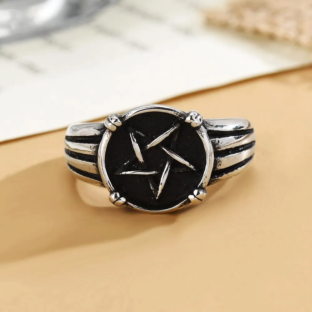 European And American Titanium Steel Five-pointed Star Ring Retro Trendy Punk Stainless Steel Five-pointed Star Ring Factory Direct Supply