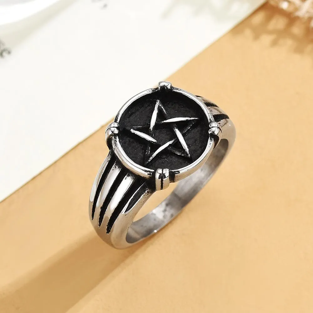 European And American Titanium Steel Five-pointed Star Ring Retro Trendy Punk Stainless Steel Five-pointed Star Ring Factory Direct Supply