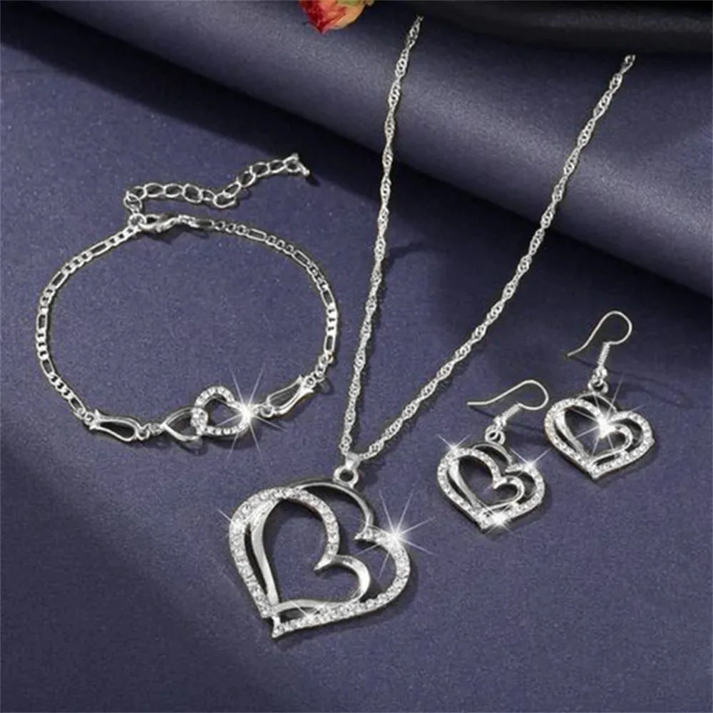 Exquisite Double Heart Necklace Earrings Bracelet Jewelry Set Charm Ladies Jewelry Fashion Bridal Accessory Set Romantic Gifts