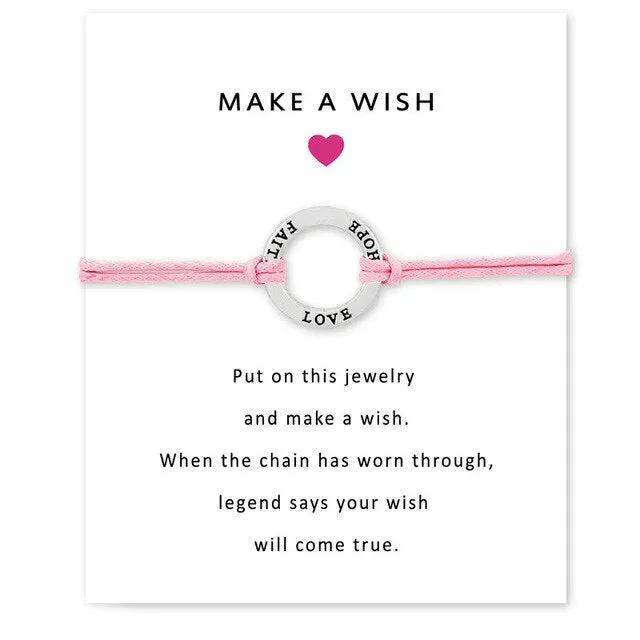 Faith Hope Love Make a Wish Card Charm Bracelet Jewelry For Mother Round Circle Wax Cords Suede Rope Bracelet Mother's Day Gift