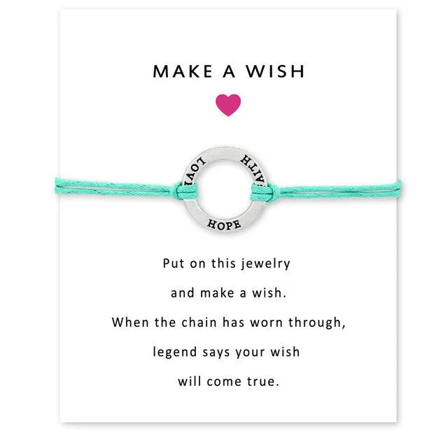 Faith Hope Love Make a Wish Card Charm Bracelet Jewelry For Mother Round Circle Wax Cords Suede Rope Bracelet Mother's Day Gift