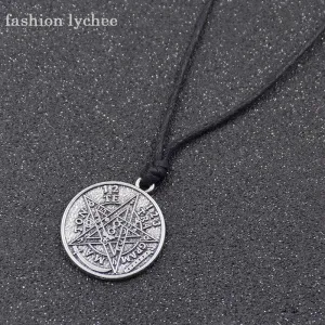fashion lychee Supernatural Tetragrammaton Pentagram Pentacle Men Pendant Necklace Rope Chain Gothic Punk Wicca Jewelry